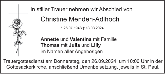 Todesanzeige von Christine Menden-Adlhoch von merkurtz
