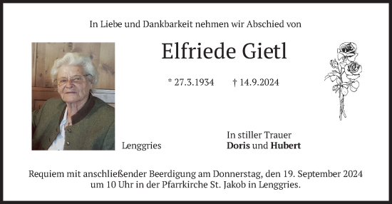 Todesanzeige von Elfriede Gietl von merkurtz