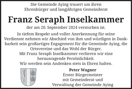 Todesanzeige von Franz Seraph Inselkammer von merkurtz