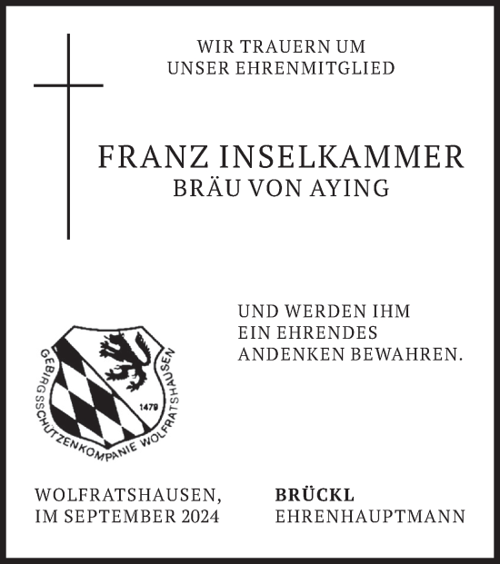 Todesanzeige von Franz Seraph Inselkammer von merkurtz