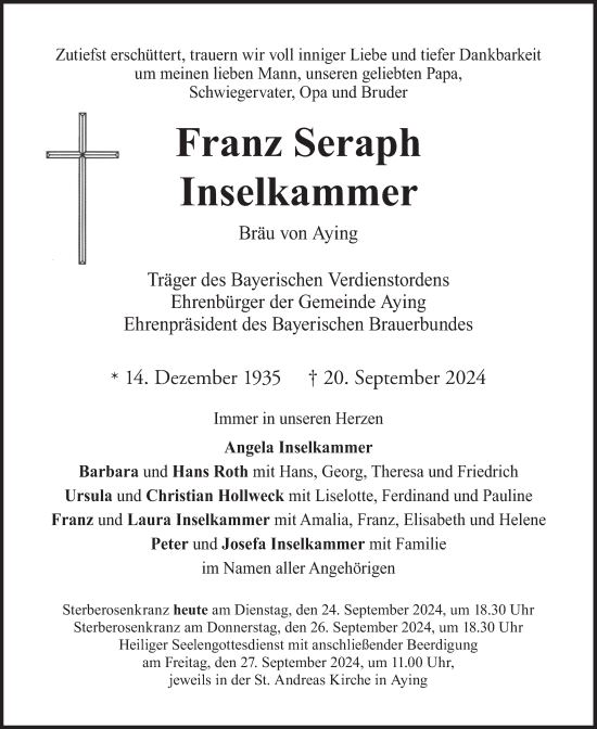 Todesanzeige von Franz Seraph Inselkammer von merkurtz