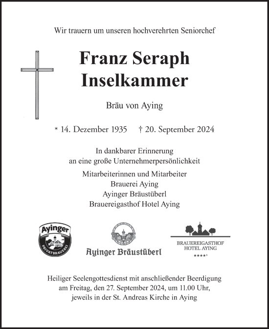 Todesanzeige von Franz Seraph Inselkammer von merkurtz