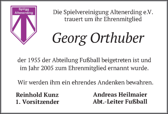 Todesanzeige von Georg Orthuber von merkurtz