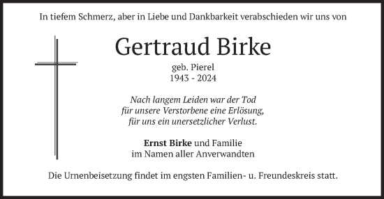 Todesanzeige von Gertraud Birke von merkurtz