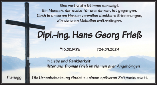 Todesanzeige von Hans Georg Frieß von merkurtz