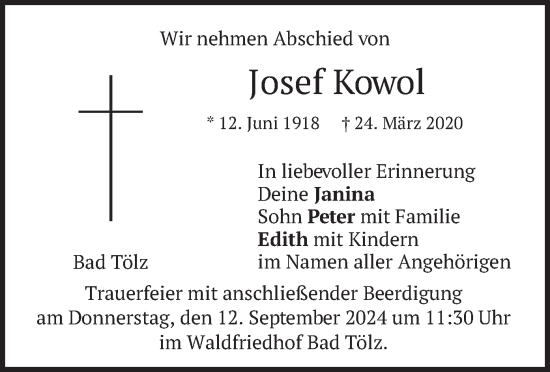 Todesanzeige von Josef Kowol von merkurtz