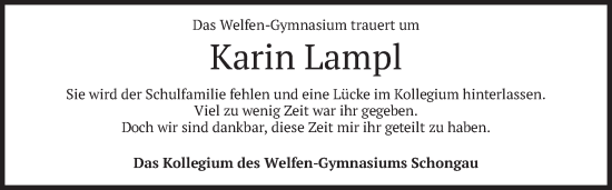 Todesanzeige von Karin Lampl von merkurtz