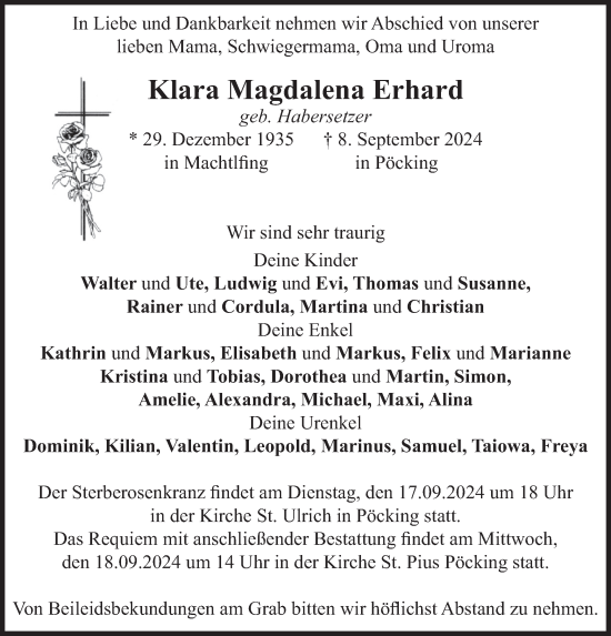Todesanzeige von Klara Magdalena Erhard von merkurtz