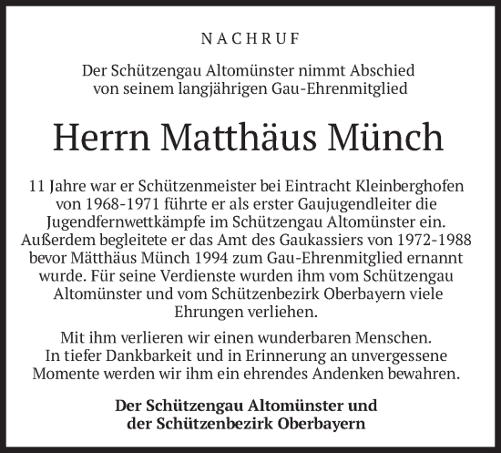 Todesanzeige von Matthäus Münch von merkurtz