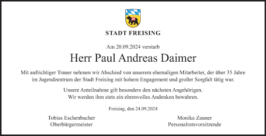 Todesanzeige von Paul Andreas Daimer von merkurtz