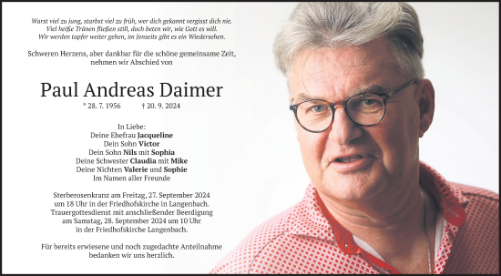 Todesanzeige von Paul Andreas Daimer von merkurtz