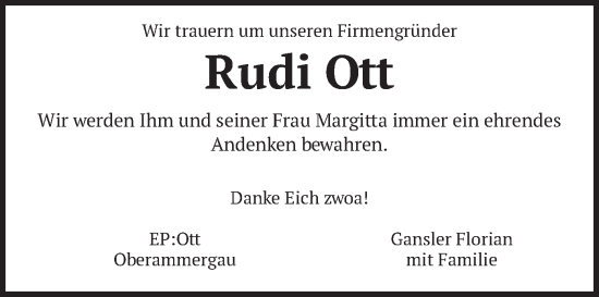 Todesanzeige von Rudi Ott von merkurtz