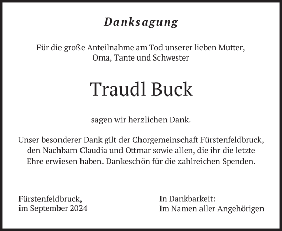 Todesanzeige von Traudl Buck von merkurtz