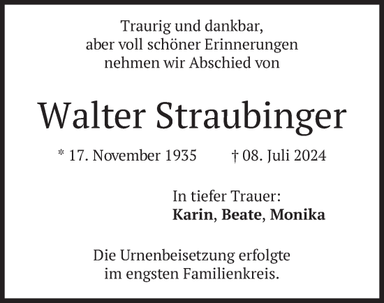 Todesanzeige von Walter Straubinger von merkurtz