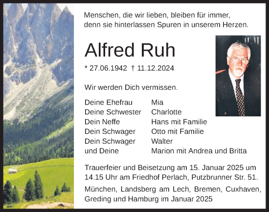 Todesanzeige von Alfred Ruh von merkurtz