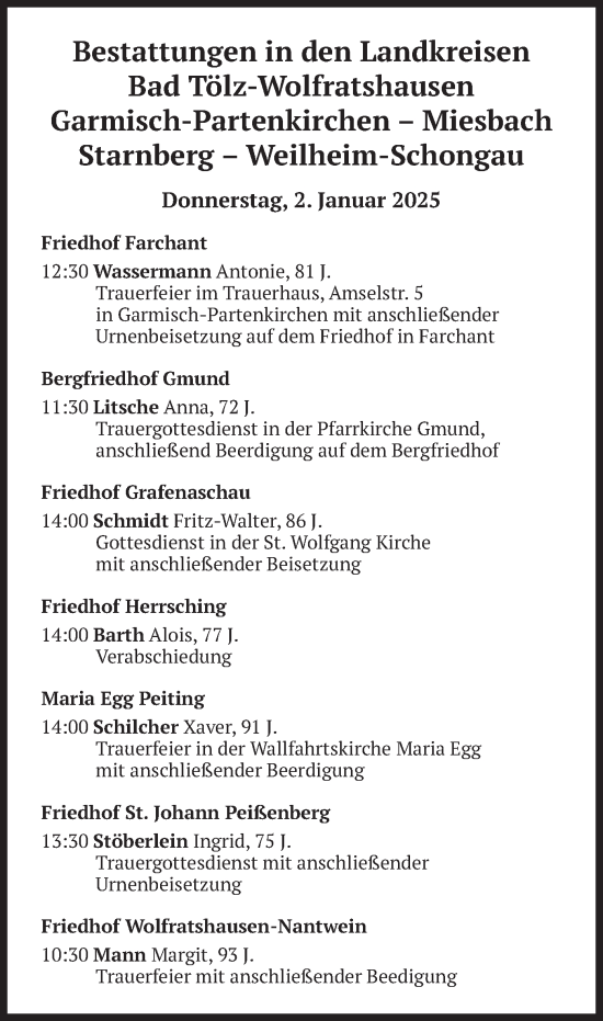 Todesanzeige von Bestattungen vom 02.01.2025 von merkurtz