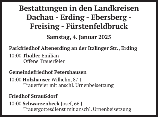 Todesanzeige von Bestattungen vom 04.01.2025 von merkurtz