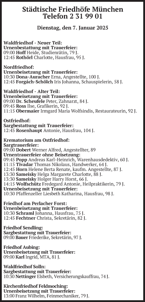 Todesanzeige von Bestattungen vom 07.01.2025 von merkurtz