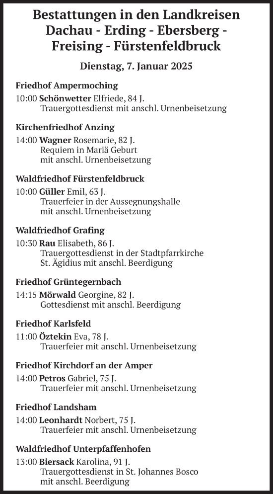 Todesanzeige von Bestattungen vom 07.01.2025 von merkurtz