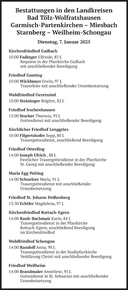 Todesanzeige von Bestattungen vom 07.01.2025 von merkurtz