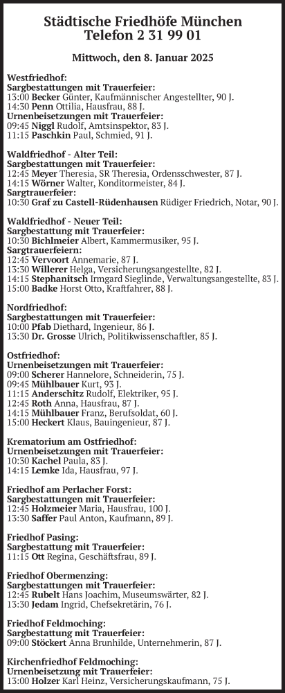 Todesanzeige von Bestattungen vom 08.01.2025 von merkurtz