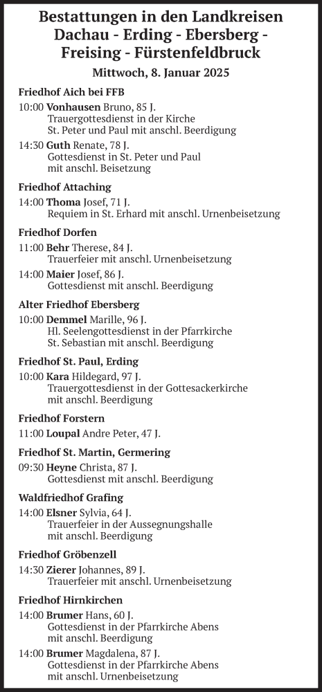 Todesanzeige von Bestattungen vom 08.01.2025 von merkurtz