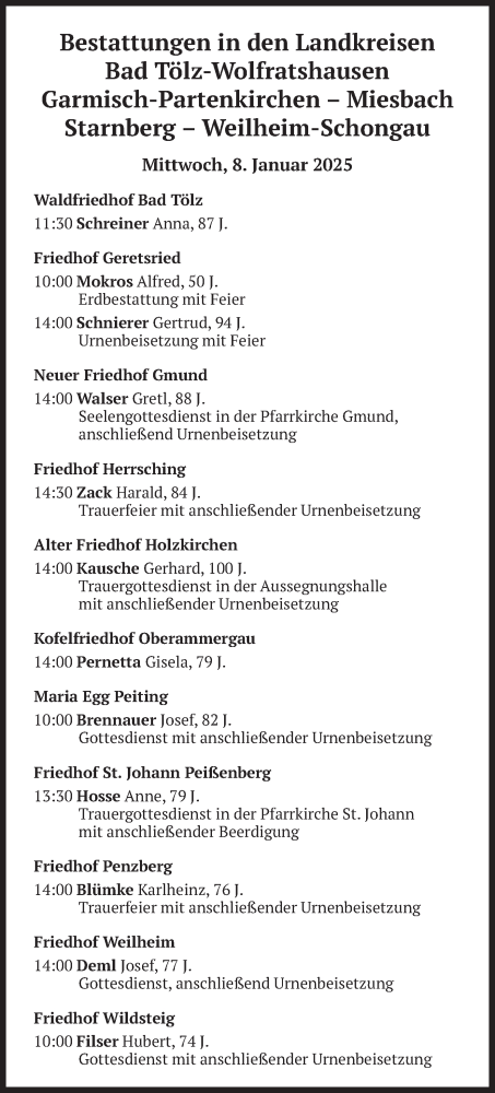 Todesanzeige von Bestattungen vom 08.01.2025 von merkurtz