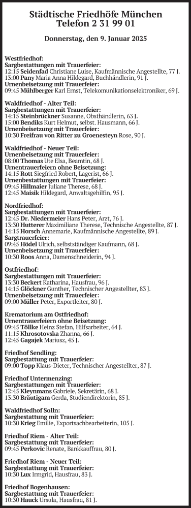 Todesanzeige von Bestattungen vom 09.01.2025 von merkurtz