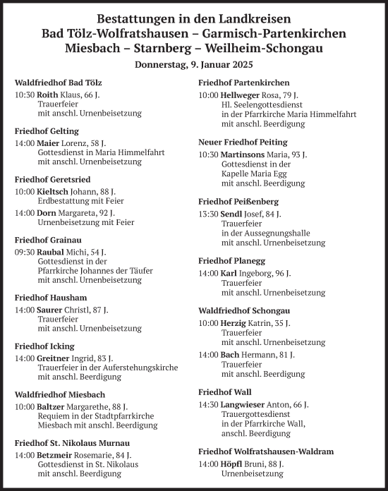 Todesanzeige von Bestattungen vom 09.01.2025 von merkurtz