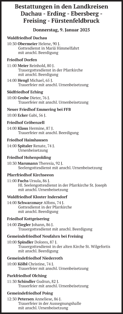Todesanzeige von Bestattungen vom 09.01.2025 von merkurtz