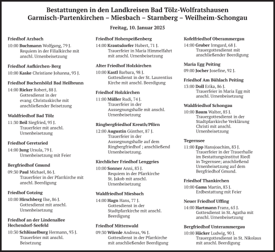 Todesanzeige von Bestattungen vom 10.01.2025 von merkurtz