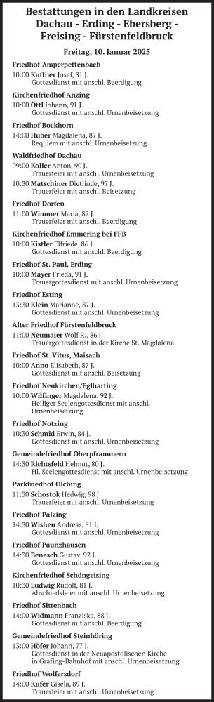 Todesanzeige von Bestattungen vom 10.01.2025 von merkurtz