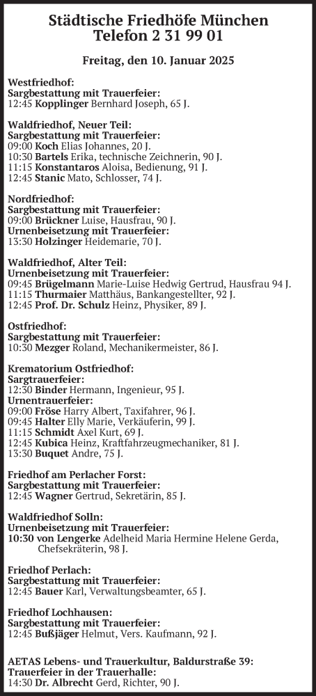 Todesanzeige von Bestattungen vom 10.01.2025 von merkurtz