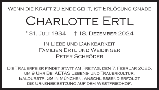Todesanzeige von Charlotte Ertl von merkurtz