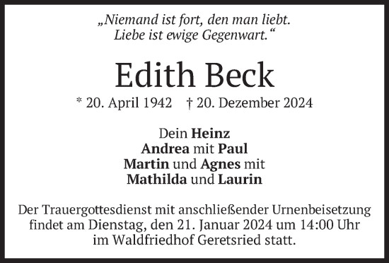 Todesanzeige von Edith Beck von merkurtz