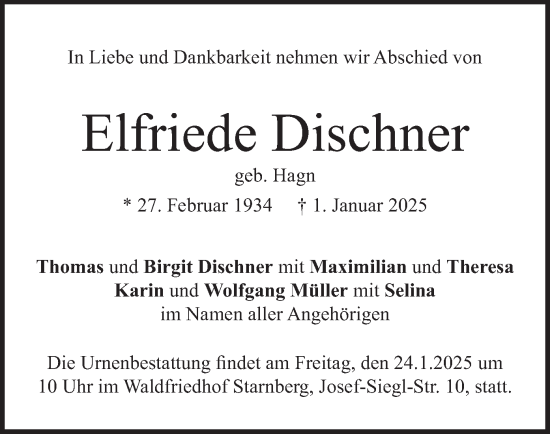 Todesanzeige von Elfriede Dischner von merkurtz