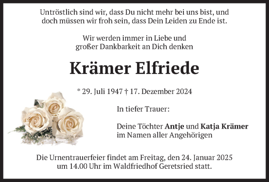Todesanzeige von Elfriede Krämer von merkurtz