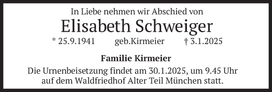 Todesanzeige von Elisabeth Schweiger von merkurtz