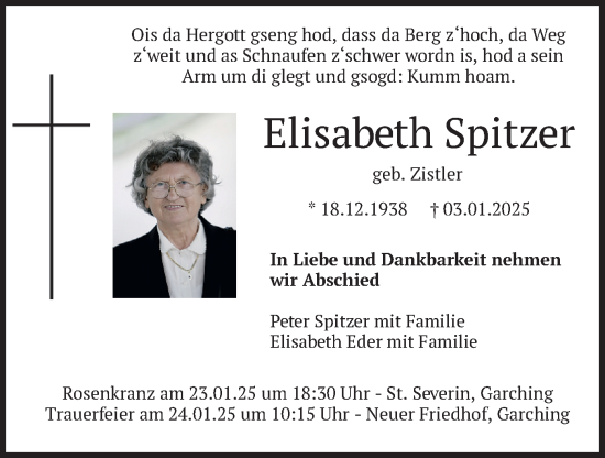 Todesanzeige von Elisabeth Spitzer von merkurtz