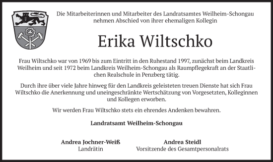 Todesanzeige von Erika Wiltschko von merkurtz