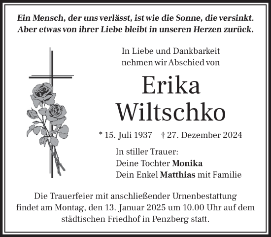 Todesanzeige von Erika Wiltschko von Das Gelbe Blatt Penzberg