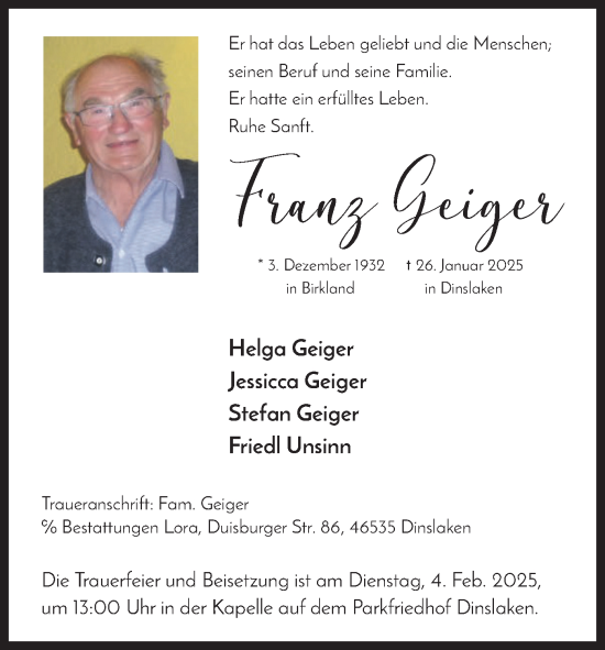 Todesanzeige von Franz Geiger von merkurtz