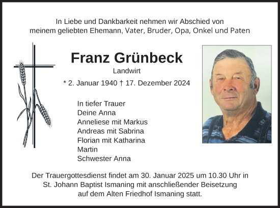 Todesanzeige von Franz Grünbeck von merkurtz