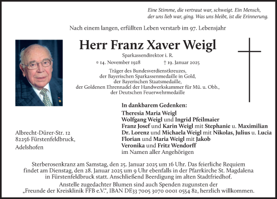 Todesanzeige von Franz Xaver Weigl von merkurtz