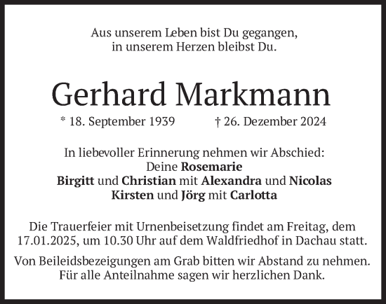 Todesanzeige von Gerhard Markmann von merkurtz