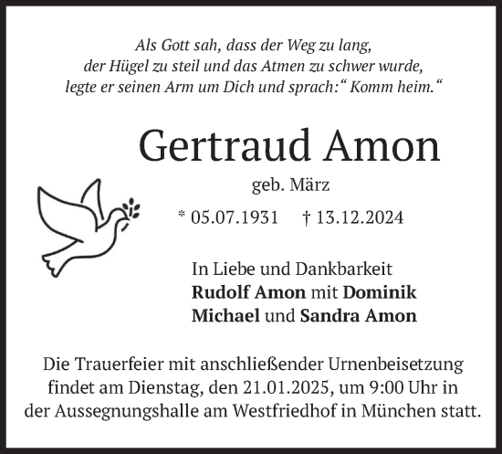 Todesanzeige von Gertraud Amon von merkurtz