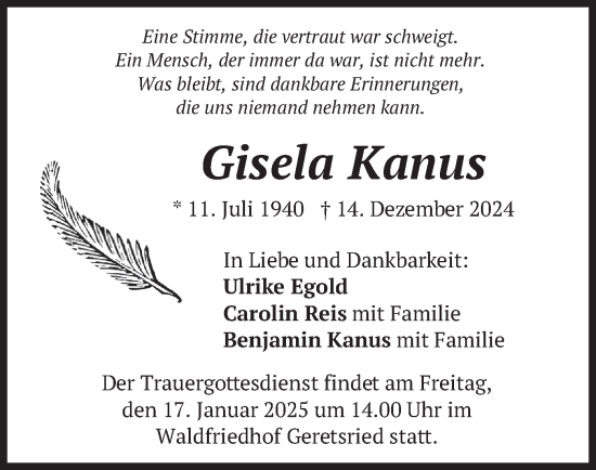 Todesanzeige von Gisela Kanus von merkurtz