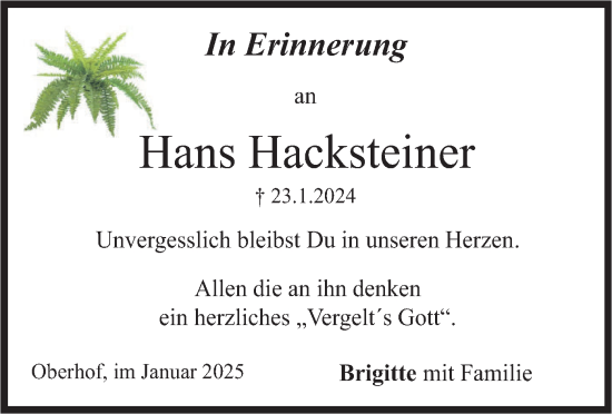 Todesanzeige von Hans Hacksteiner von merkurtz