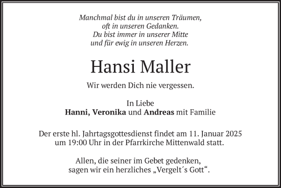 Todesanzeige von Hansi Maller von merkurtz