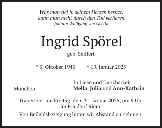Todesanzeige von Ingrid Spörel von merkurtz